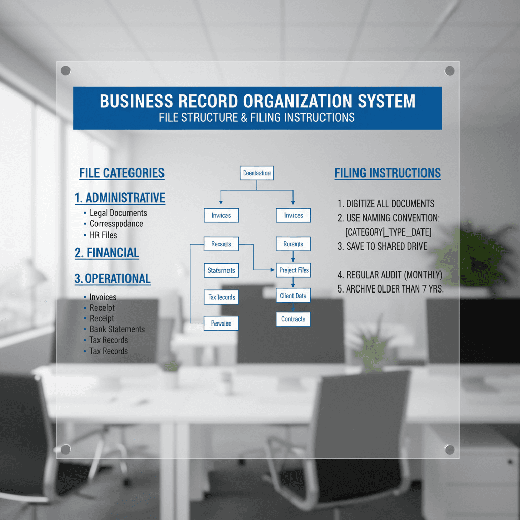 Business record organization system with folder categories and filing guide