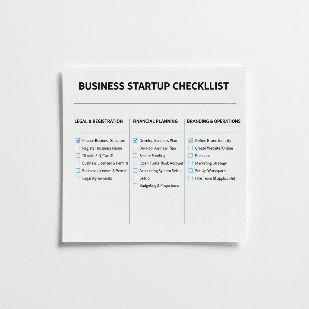 Business startup checklist template with organized sections and checkboxes