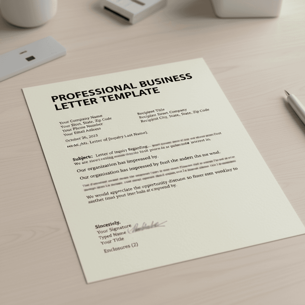 Professional business letter template with proper formatting and sections
