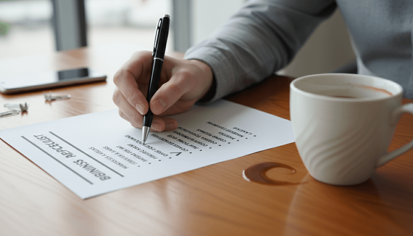 Person completing a business organization checklist at their desk