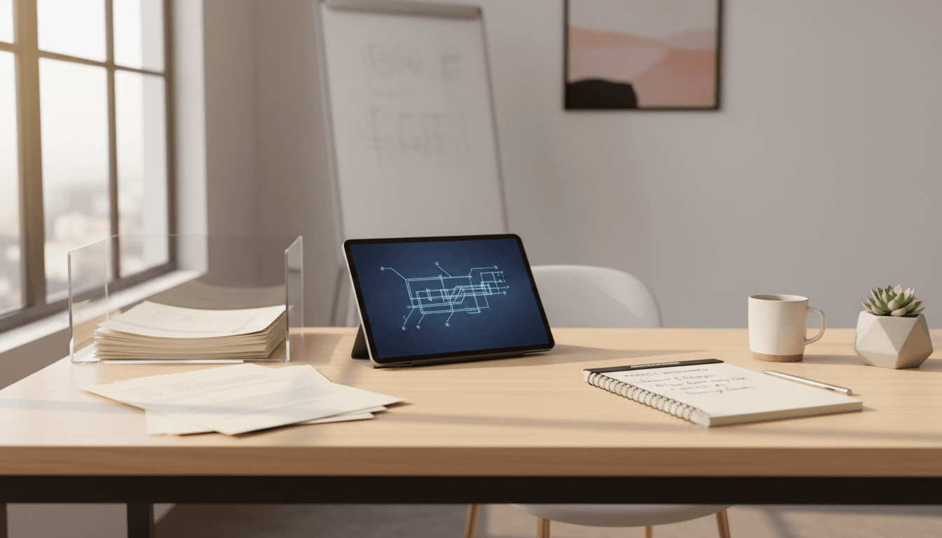 Organized business workspace with digital tools and documents on a clean desk