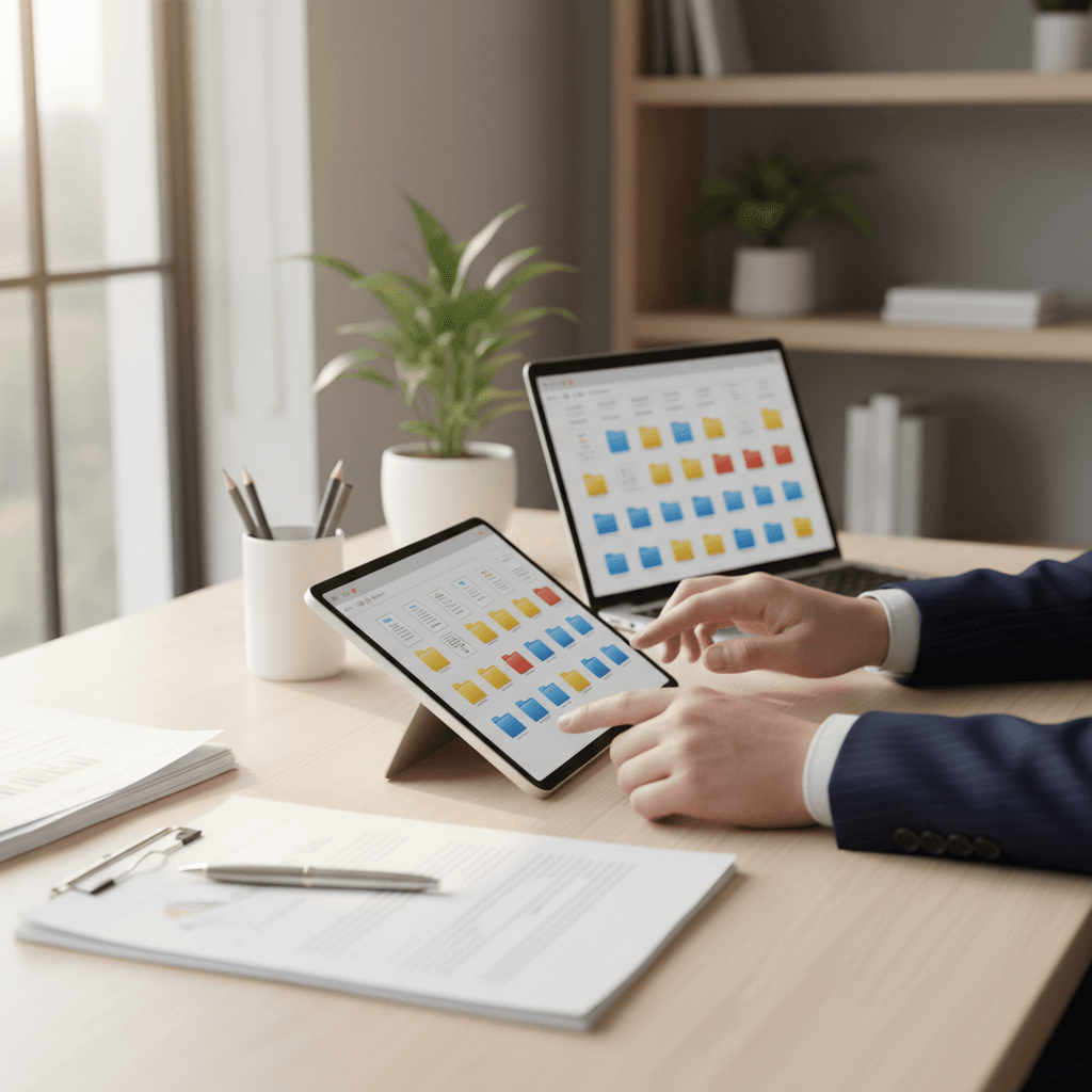 Organized professional office desk with documents and computer in modern setting
