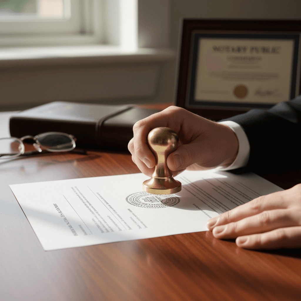 Notary stamp marking official documents with pen resting on certified paperwork