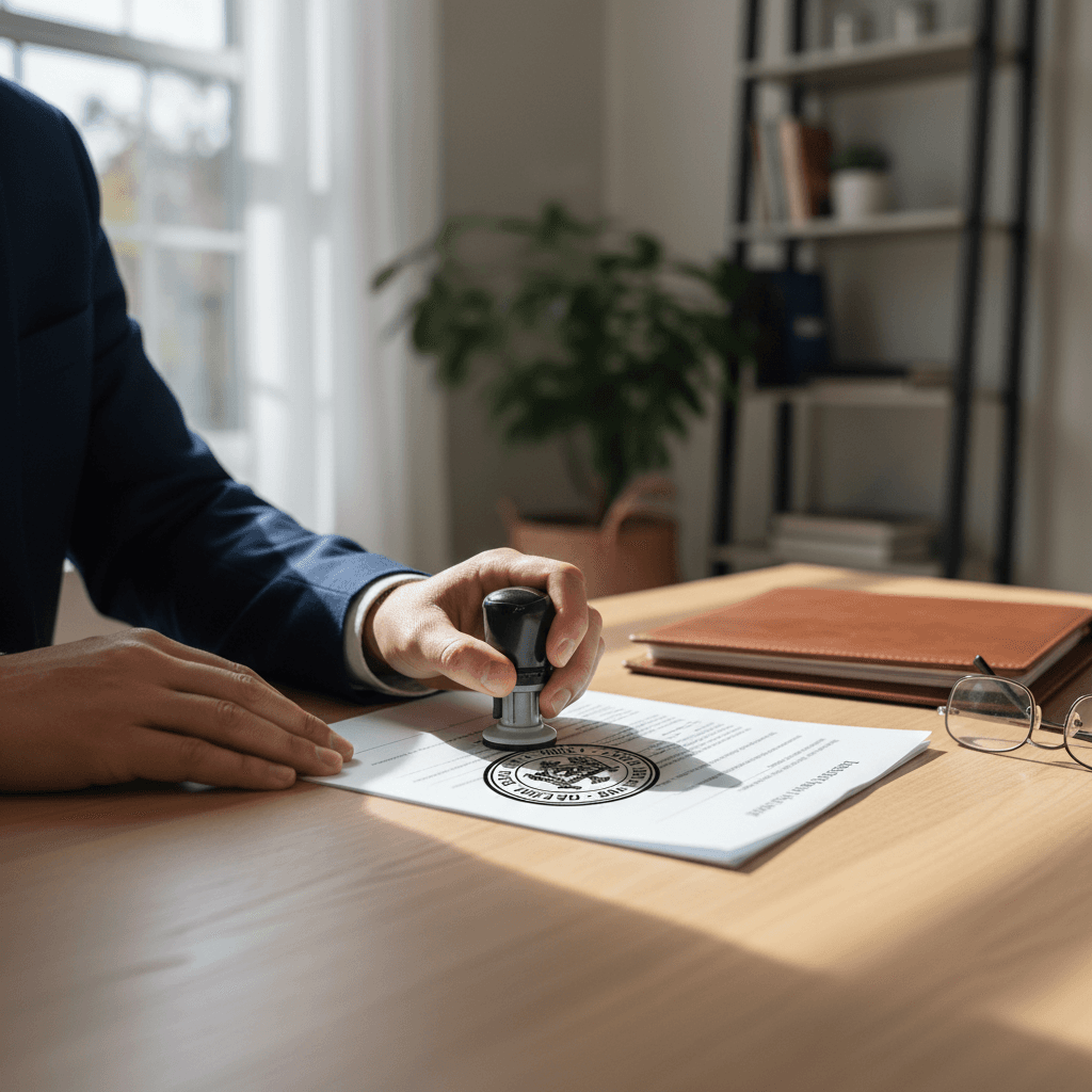 Professional notary preparing and organizing documents in an organized office setting
