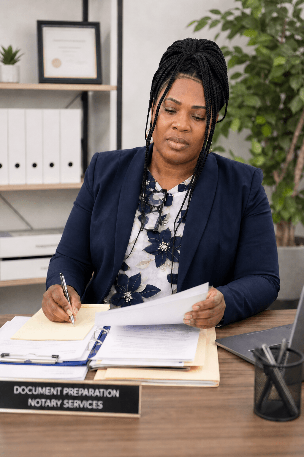 Black woman with braided hair writing on a notepad at a notary services desk.
