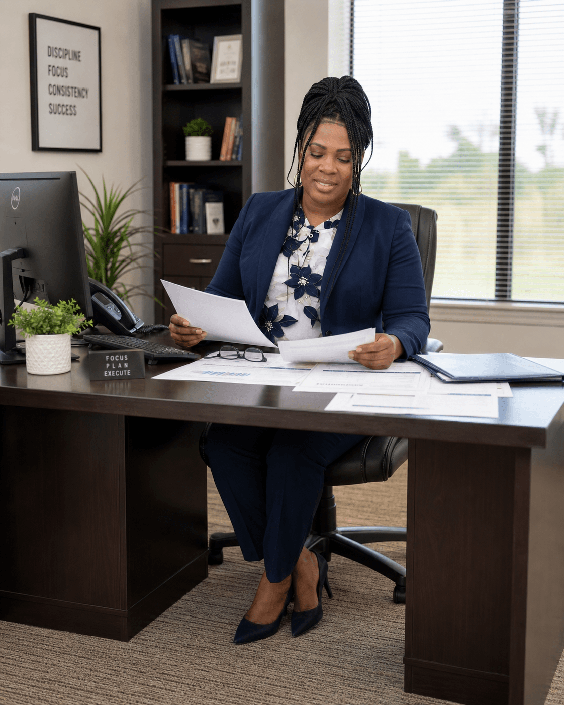 Black woman in a navy suit and floral blouse reviews documents at her office desk.